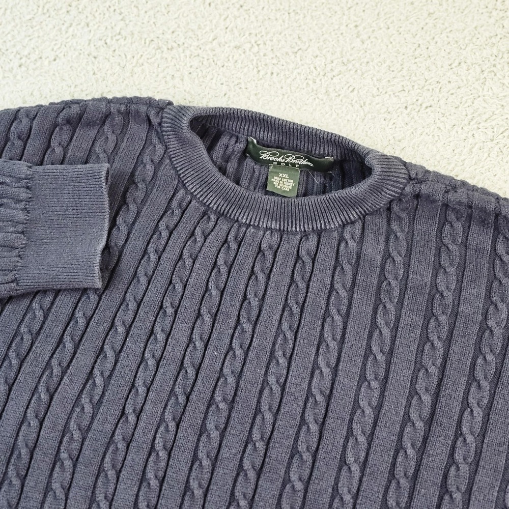 Brooks Brothers Sweater Mens 2XL Blue 100% Cotton Cable‎ Knit Crewneck Pullover